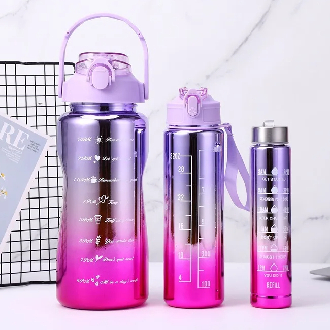 KIT 3 Garrafas De Água Motivacional De Grande Capacidade Portátil De 2000ML 900ML 300ML METALIZADA