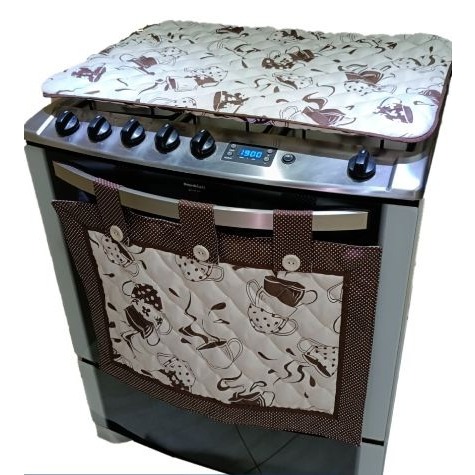 Kit para fogão 5 e 6 Bocas : Cortina Forno + Capa P/ Tampa Fogão  - Cappuccino
