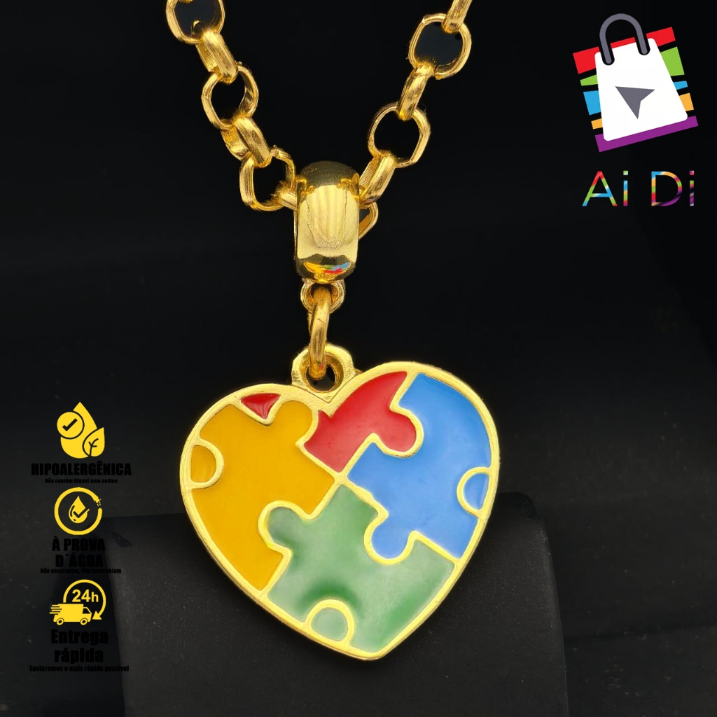 Colar Folheado a Ouro com Pingente Coração Autismo quebra-cabeça - Adulto e Infantil Corrente Grossa