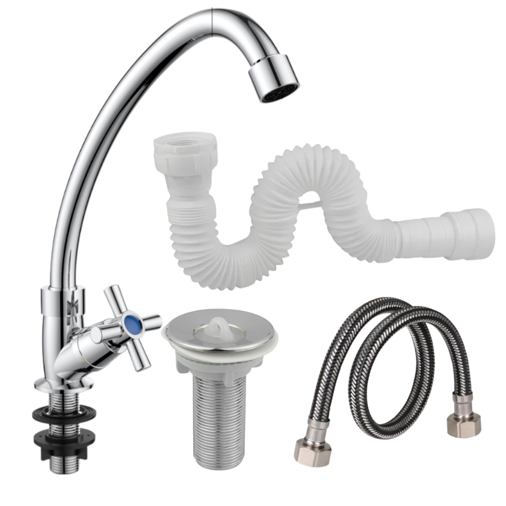 Torneira Pia Banheiro/Cozinha Bancada Abs Cromado 1/4V+Sifão+Engate Flex Inox Trançado e Valvula 7/8