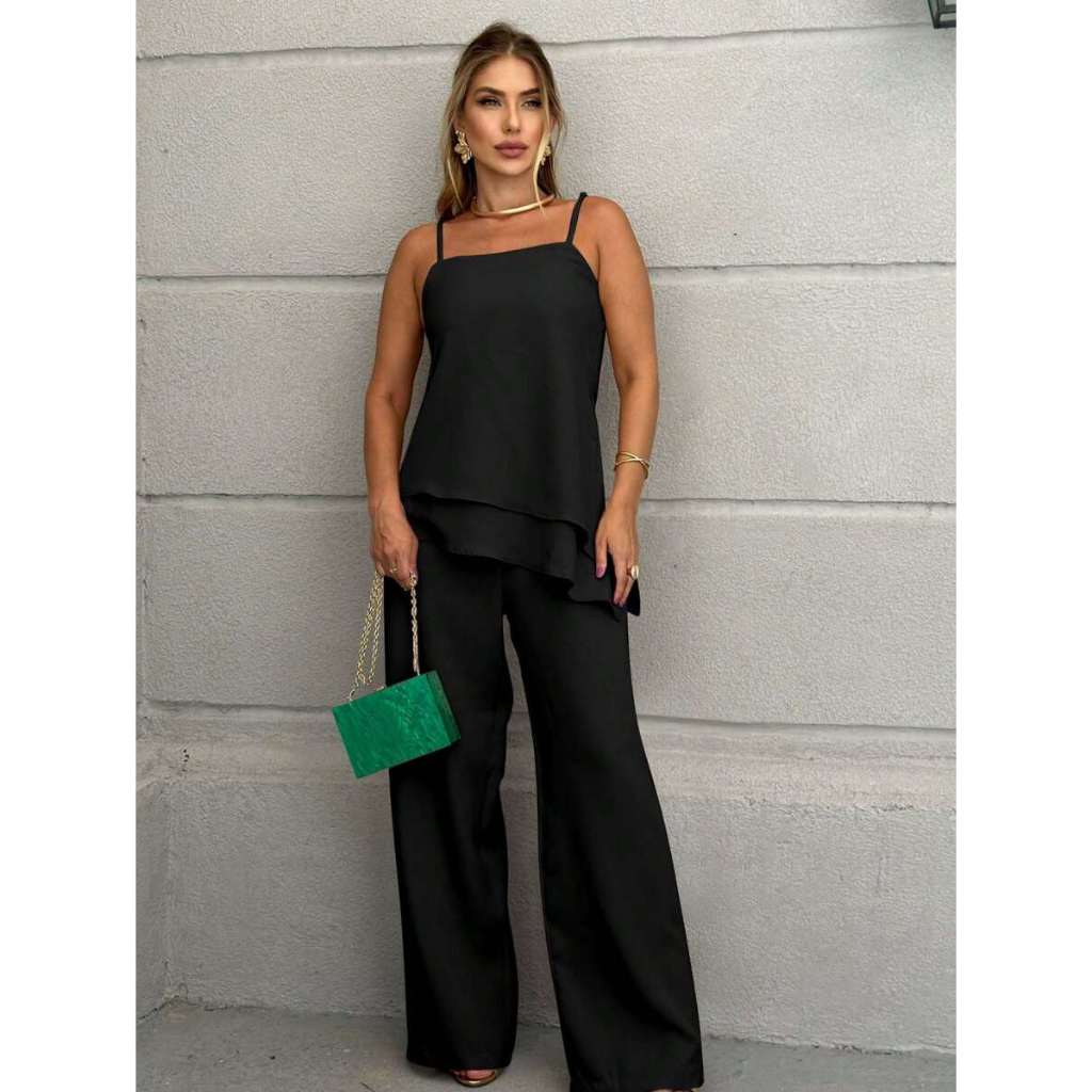 Conjunto Calça Pantalona Blusa Assimétrica Alfaiataria