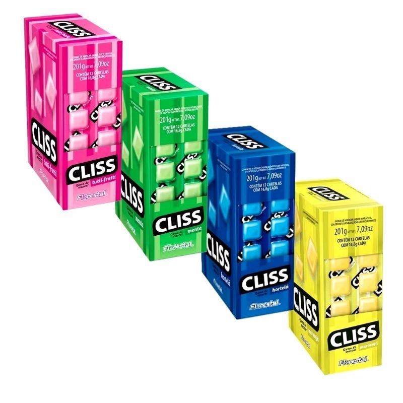 Chicle Chicletes Cliss Display Com 12 Cartelas Diversos Sabores Florestal (Menta, Tutti Frutti Hortelã Canela Maçã Verde