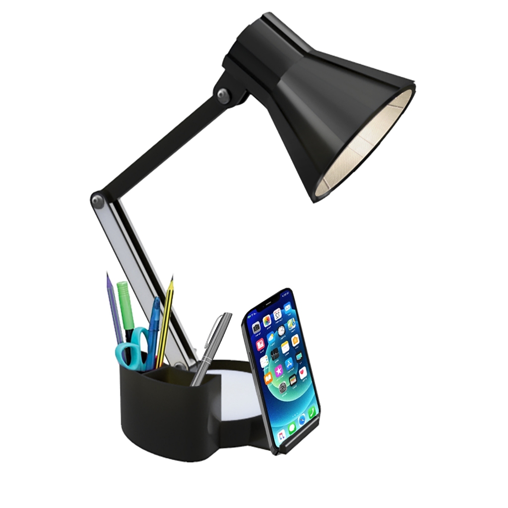 Abajur Luminária Articulada BIVOLT de Mesa com Porta Celular, Canetas e Lápis