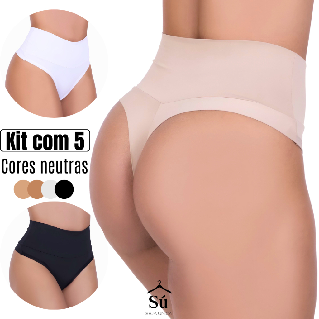 Kit 5 Calcinhas Modeladora Cintura Alta Cós Duplo Fio Duplo Lisas Lingerie Segura Barriga Fitness Pós Parto