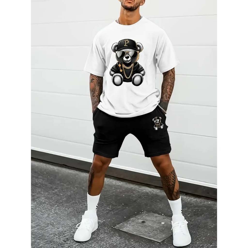 Conjunto Camiseta Básica Urso Ostentação Masculina Feminina Algodão Unissex + Bermuda Moletom Masculina Shor