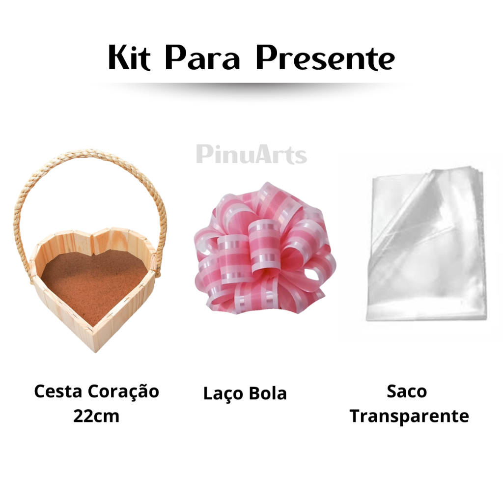 Cesta de Madeira Para Presentes, Kit com Cesta Coração 22cm, Laço Bola e Embalagem Transparente em Oferta na Shopee