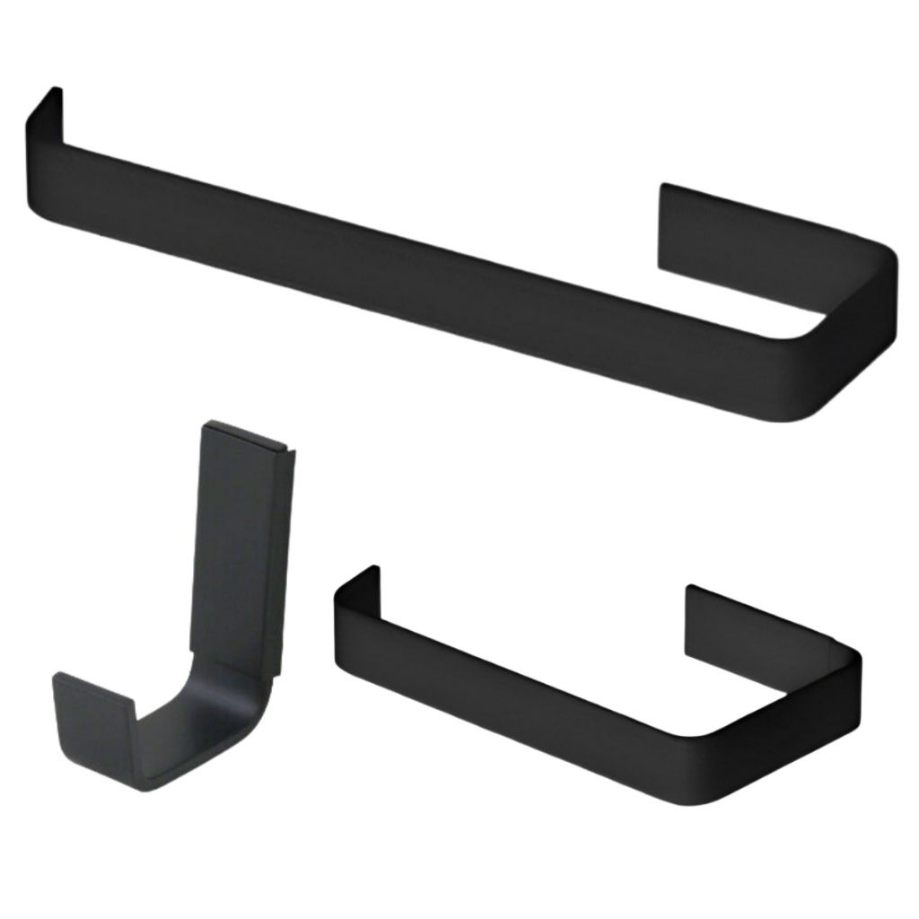 Kit Acessórios Para Banheiro 3 Peças Quadrado Preto 1 Papeleira + 1 Gancho + 1 Porta Toalha de Rosto