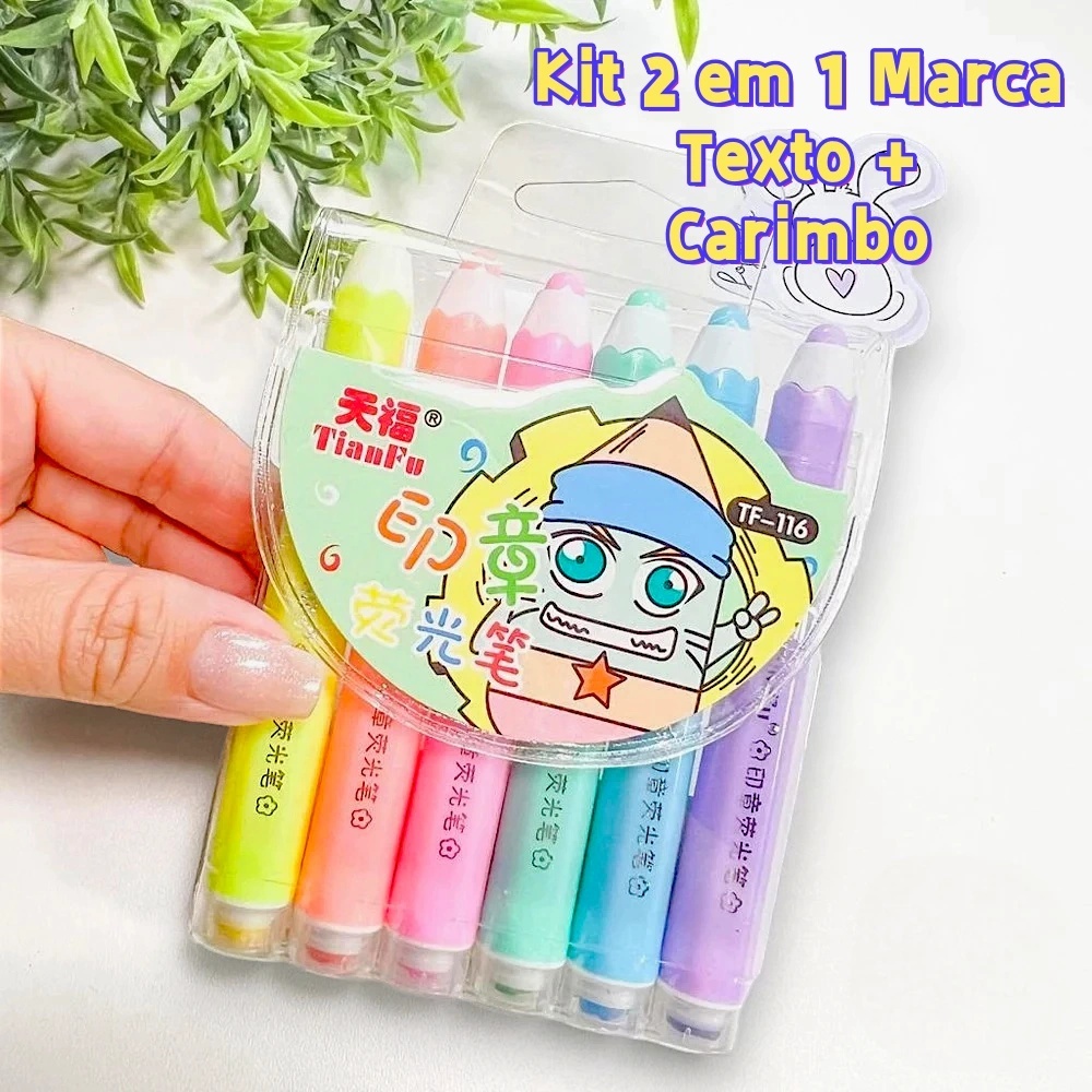 KIT 2EM 1 Carimbo+Marca texto 6 Cores Criativa Lápis Fofa Neon Papelaria/Escritório/Escola Barato