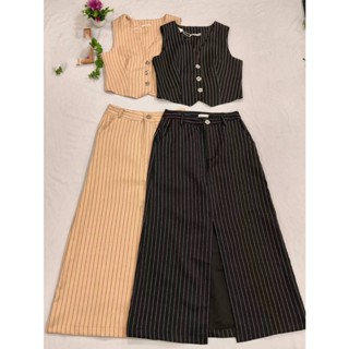 Elegante Conjunto Alfaiataria Feminino Listrado Colete com 3 Botões e Saia Longa em Oferta na Shopee