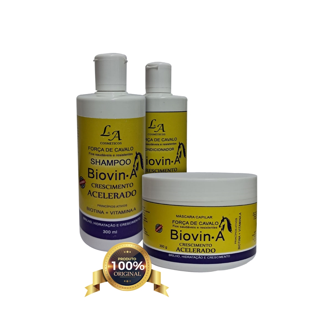 KIT CRESCIMENTO ACELERADO L&A FORÇA DE CAVALO BIOVIN A SHAMPOO CONDICIONADOR E MÁSCARA CONTRA QUEDA