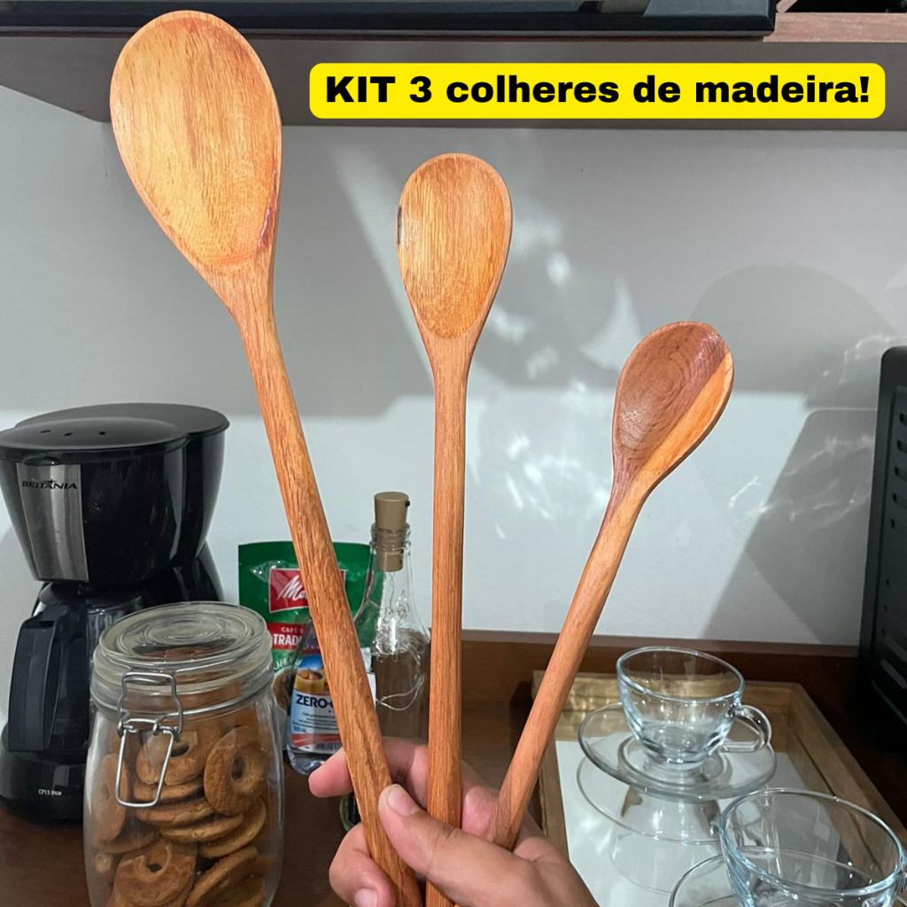 Kit 3 Colher De Pau Cozinheiro Cabo Resistente Casa Cozinha em Oferta na Shopee