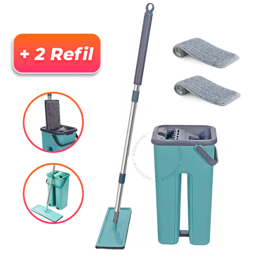 Imagem Flat Mop 2 Refis Esfregão Com Balde Rodo Mágico Lava Seca Tira Pó Envio Imediato Limpa Facíl