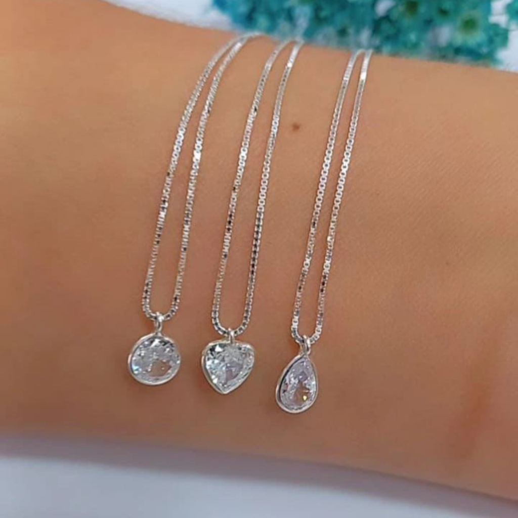 Colar Prata 925 Ponto de Luz Coração Gota Redondo