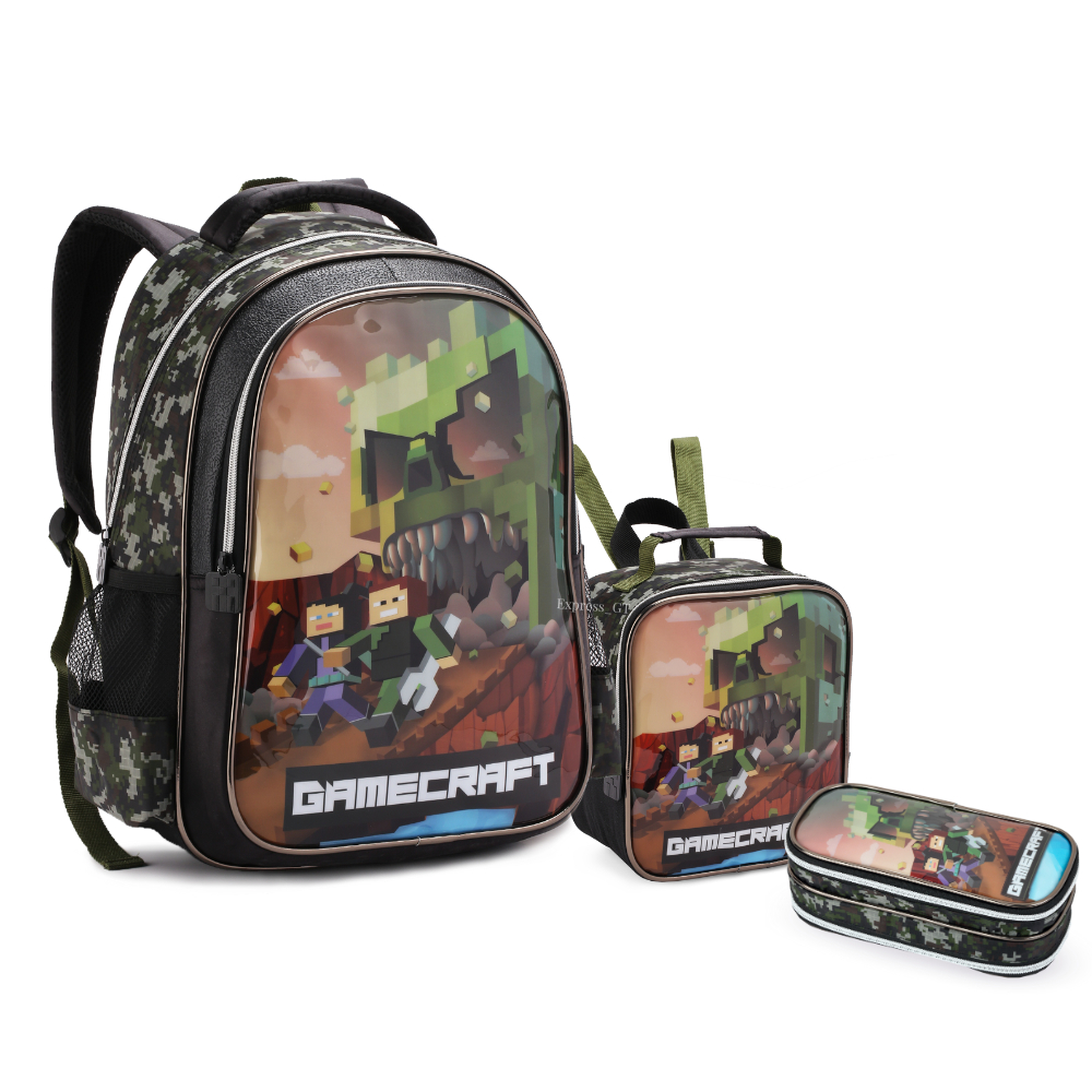 Mochila Infantil Escolar Menino Gamecraft com Lancheira Térmica e Estojo Reforçada Grande Costas