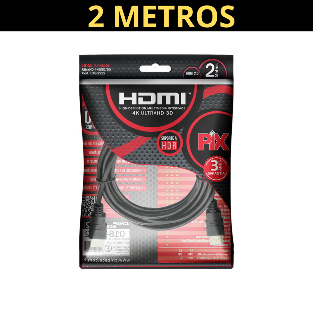 Cabo HDMI 2.0 2 Metros Ultra HD 4K 19 Pinos @60Hz PIX