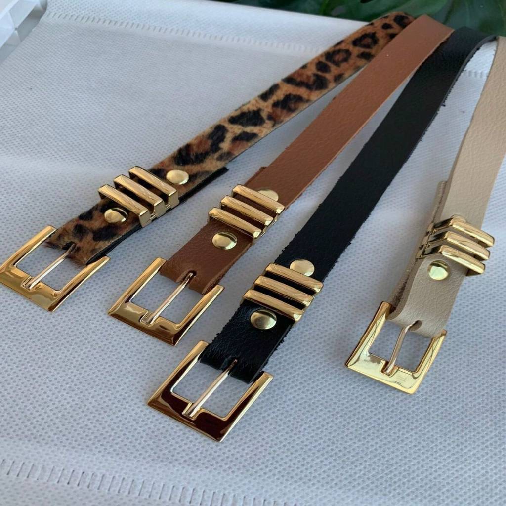 Cinto Fino Feminino fivela quadrada passante triplo dourado ana