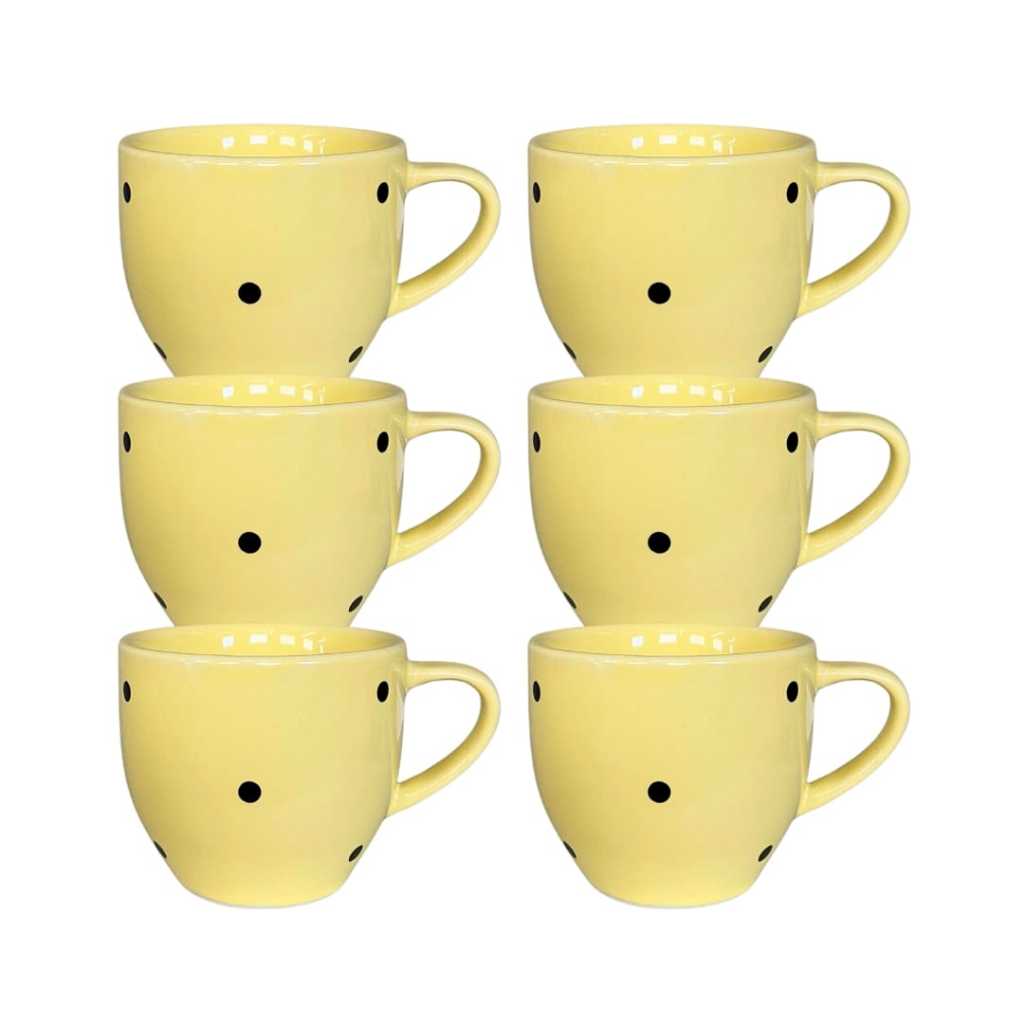 Kit 6 Xícaras Paris Porcelana Amarela Decoradas Bolinhas 170 ML