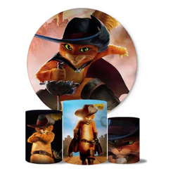 Kit Capas Painel Redondo E Capas De Cilindro Sublimados Decoração Tema Gato De Botas