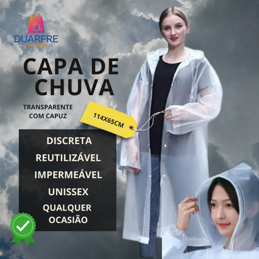 Capa de Chuva Grossa e Longa com Capuz Transparente Reforçada Reutilizável em Oferta na Shopee