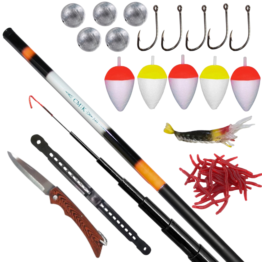 Kit pesca Vara Telescopica + Canivete + Boia + Anzol + isca camarão + Isca Minhoca