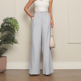 Calca 5050 pantalona tecido marrant cintura invisivel detalhe de prega com bolso em Oferta na Shopee