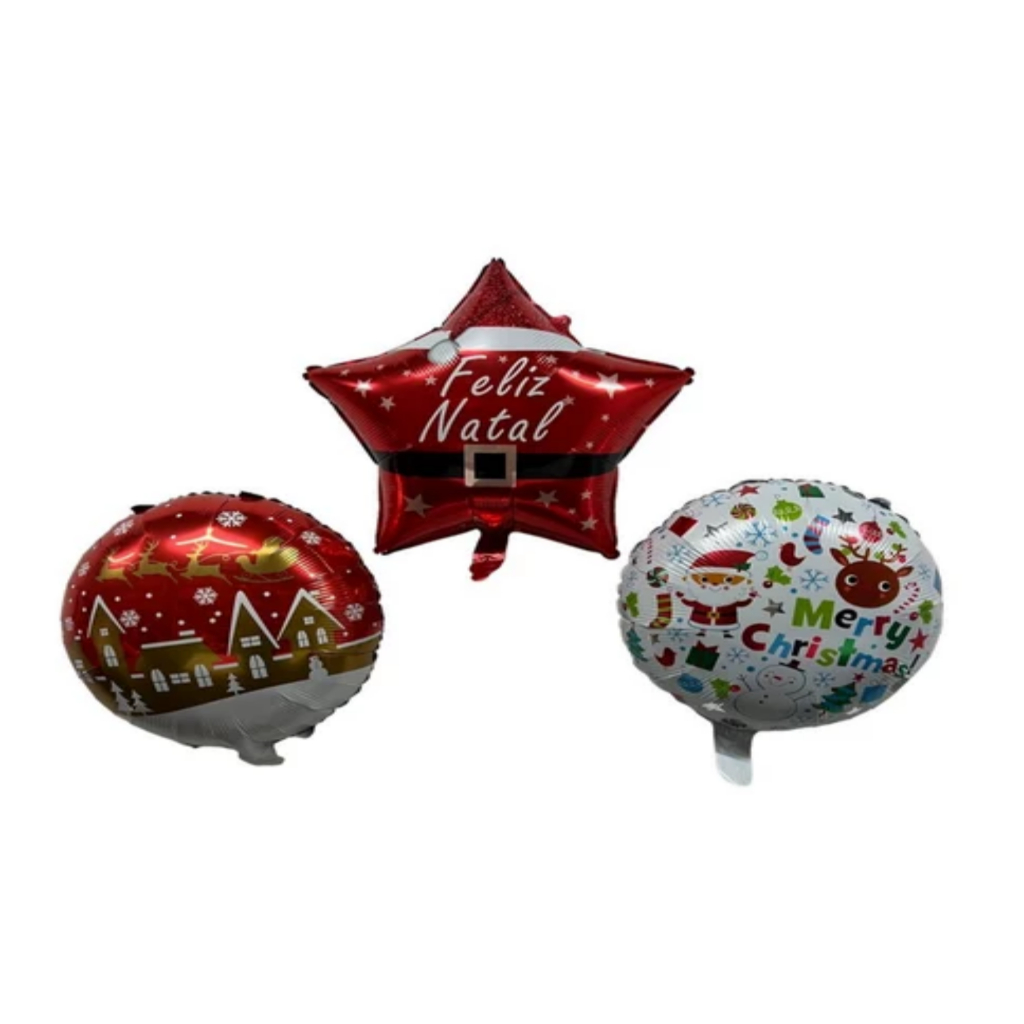 10 Balão Metalizado Natal Estrela + Redondo Merry E Casa Rena