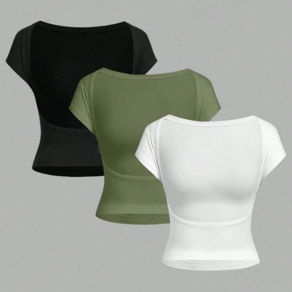 Kit 3 Blusas Costas Nuas Decote Redondo Manga Curta Moda Verão 2026 Gringa Blogueira em Oferta na Shopee