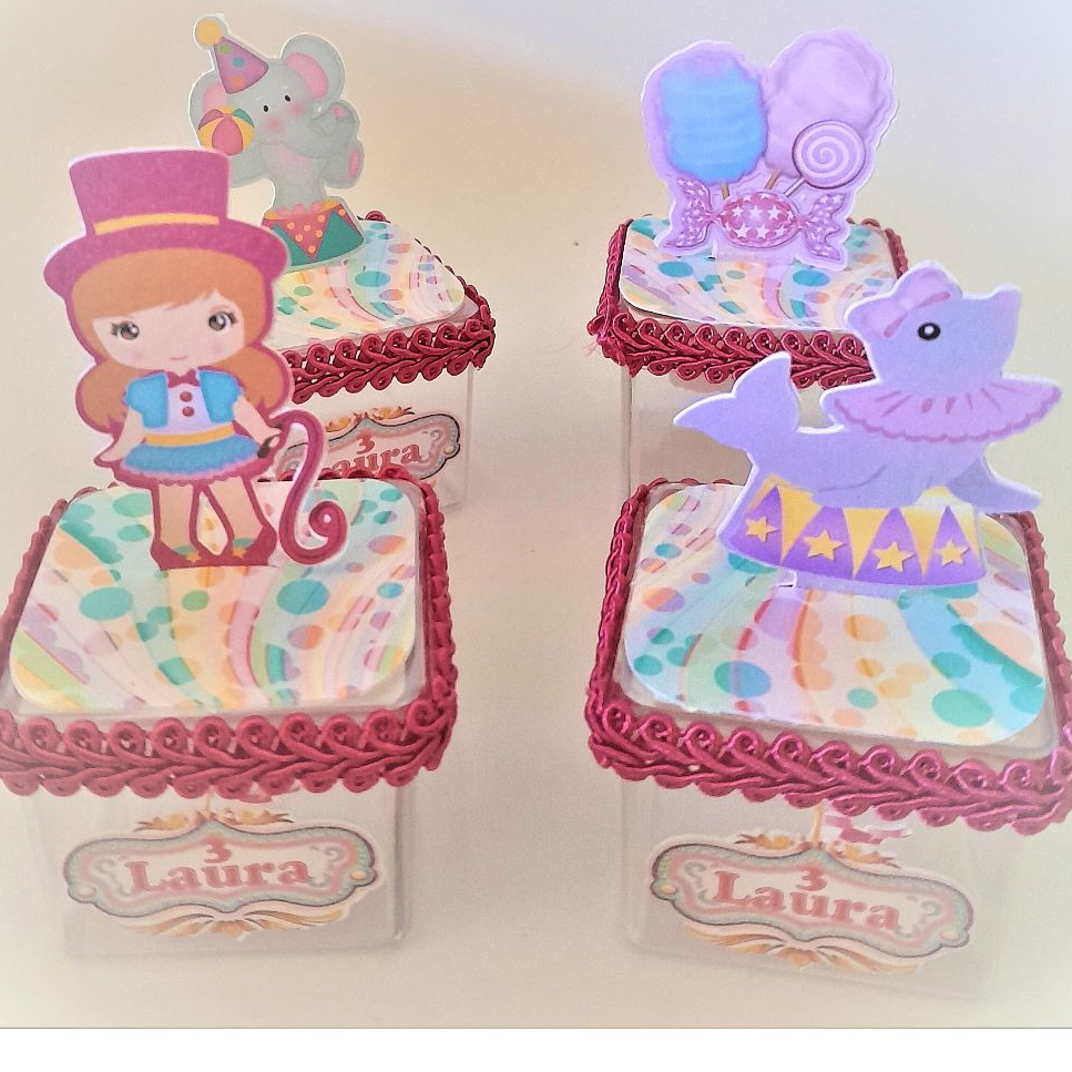 APLIQUE 3D Caixa AcrÍlica 5 x5cm Personalizada Circo Rosa Festa Infantil Aniversário Lembrancinha FAZEMOS QUALQUER TEMA