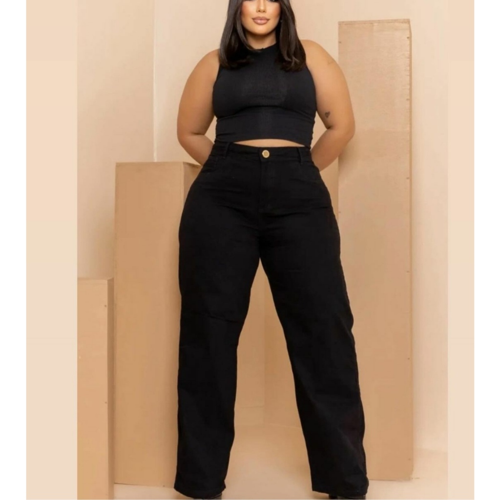 CALÇA JEANS WIDE LEG PLUS SIZE WID LEG PANTALONA PRETA em Oferta na Shopee