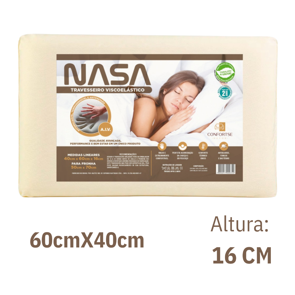 Travesseiro Viscoelástico Nasa Confortável Antiácaro com Suporte Anatômico