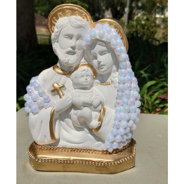 Imagem Sagrada Família 15 cm em Pérola Branca com Dourado em Gesso