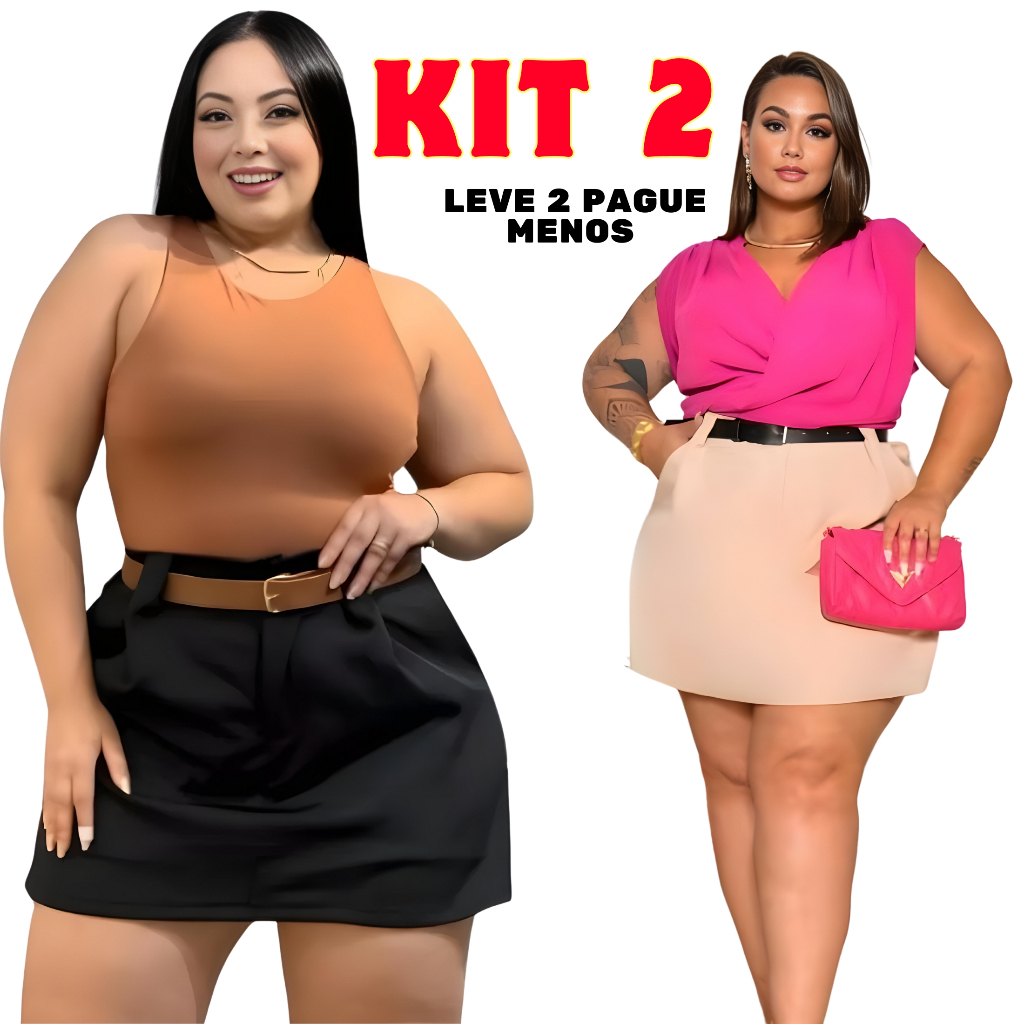 kit 2 pecas nas cores preta e nude Roupas Femininas  Short Saia conjunto Plus Size com Cinto 44 ao 52