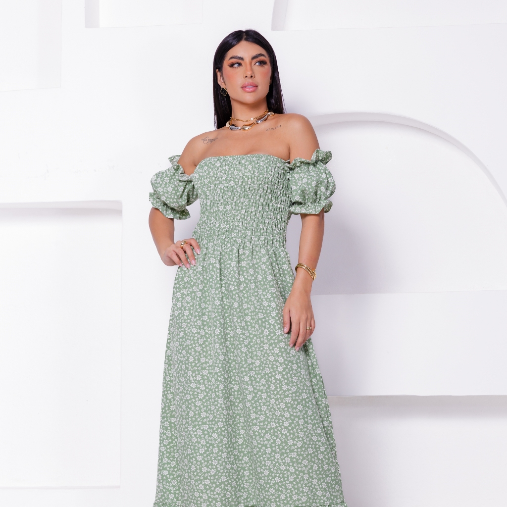 Vestido Longo Manga bufante Ciganinha Estampado