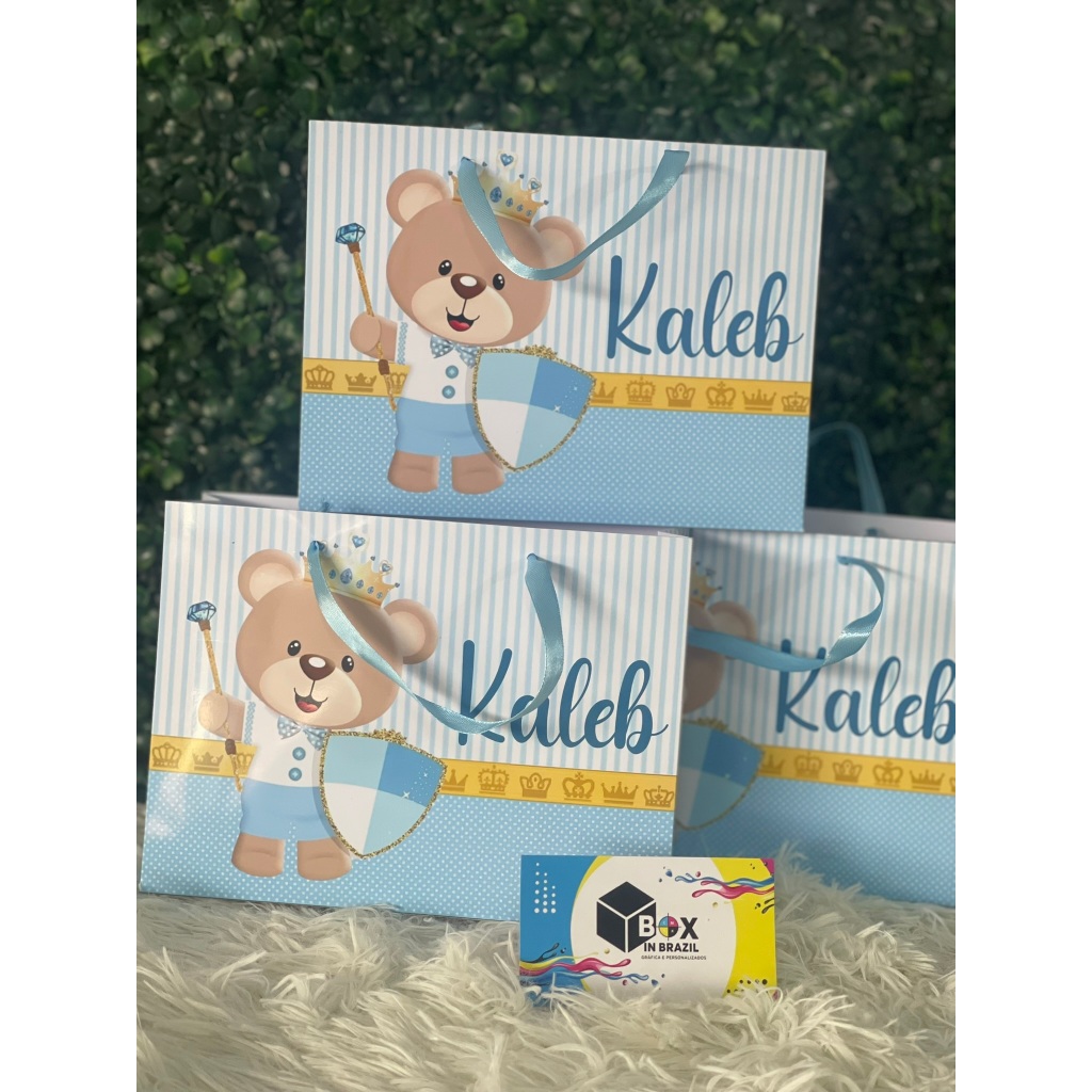 Kit 25 Sacolinhas de Papel Personalizada para Chá de Bebê Ursinho menino chá revelação