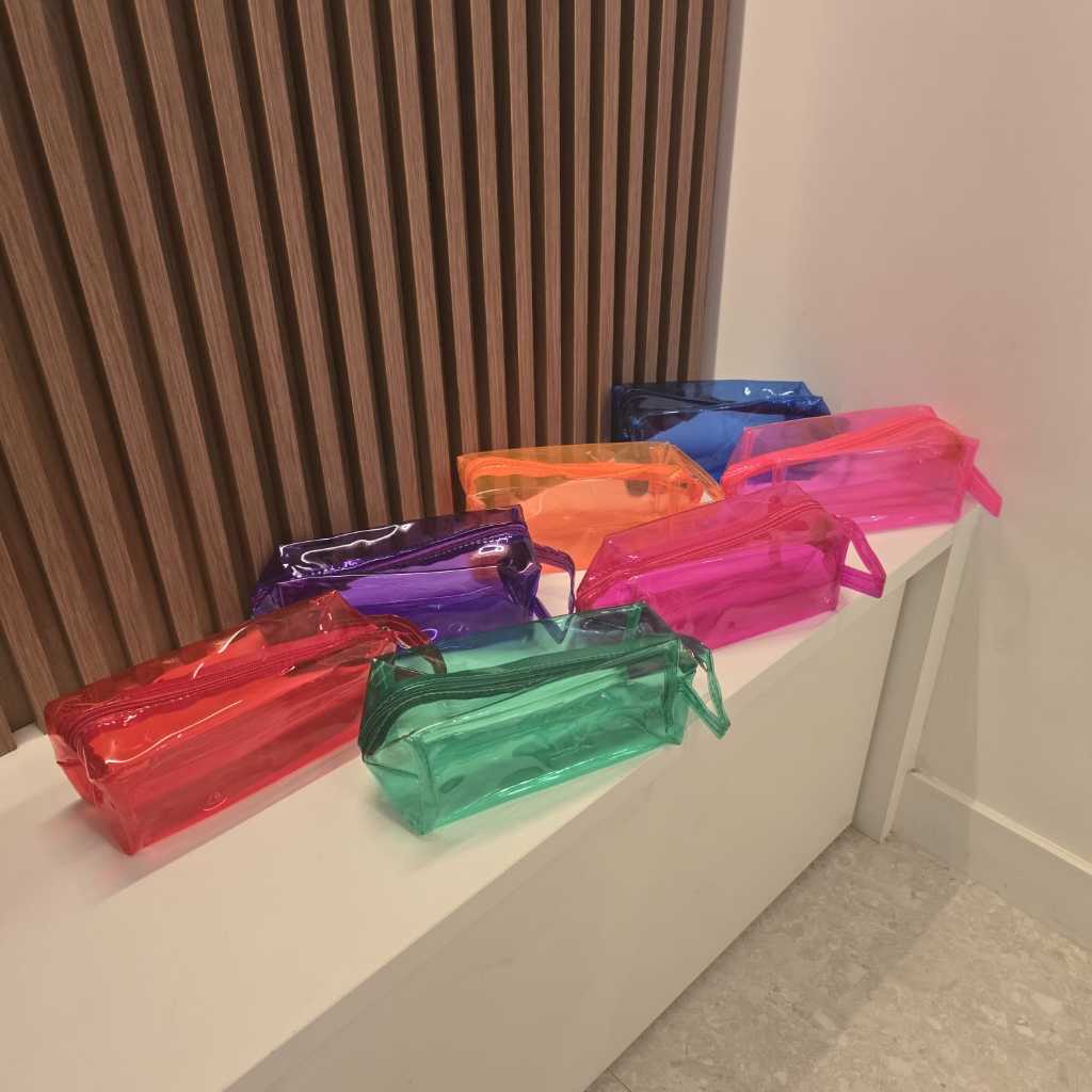 Estojo Necessaire Escolar Baú Neon PVC Transparente Grande Bonito Maquiagem