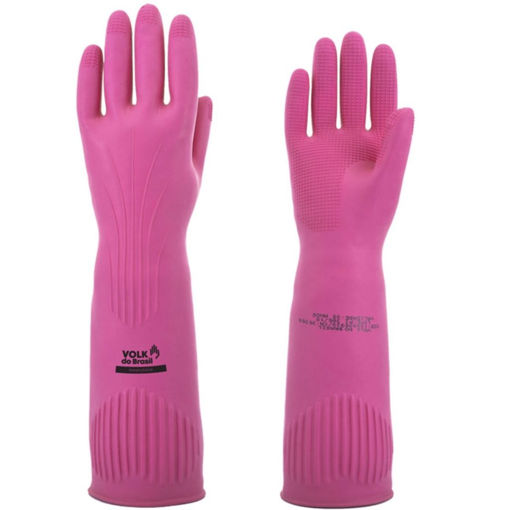 Luva de Limpeza Látex Natural Rosa Longa Ranhurada - Volk do Brasil