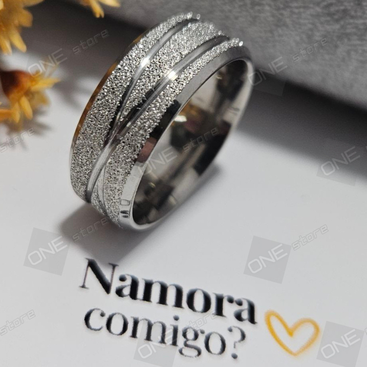 Aliança de Casamento Jateada Prateada com Friso Ondular e Diamantada Aço Inox Larga 8mm em Oferta na Shopee