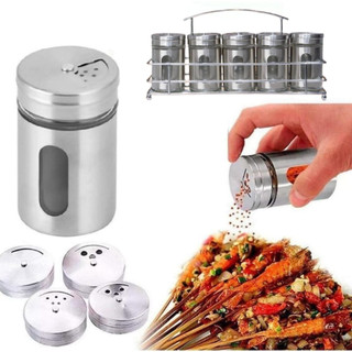 Porta Condimentos Temperos Saleiro Pimenteiro Aco Inox 5 Pcs Com Visor e Suporte