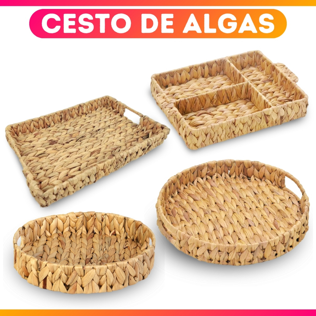 Cesto De Fibra Natural de Algas Organizador C/ Alça Divisória Redondo Retangular - Paramount