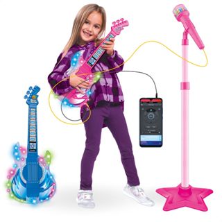 Guitarra e Microfone Infantil Instrumento Brinquedo Musical com Luz e Som