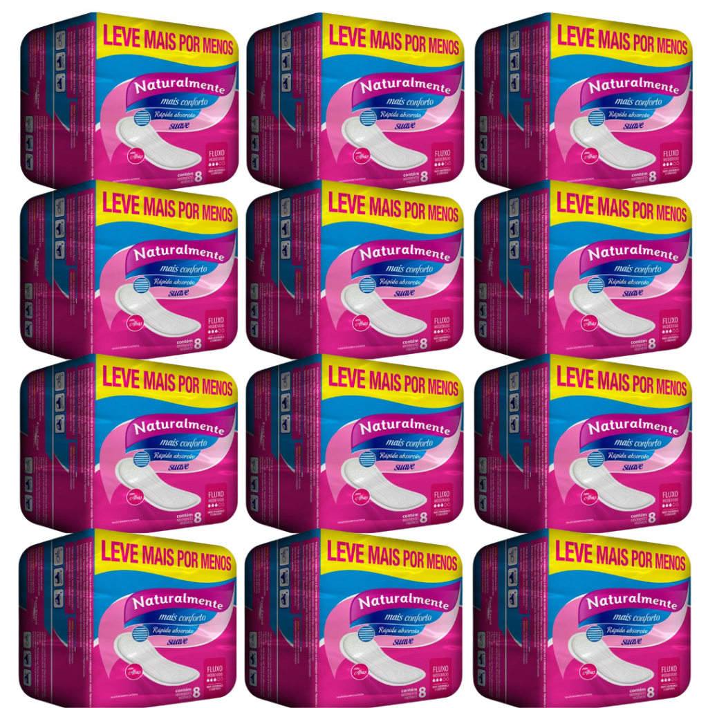 Absorvente Sem Abas Kit 12 Pacotes com 8 Unidades Naturalmente Gel Mais Conforto e Proteção em Oferta na Shopee