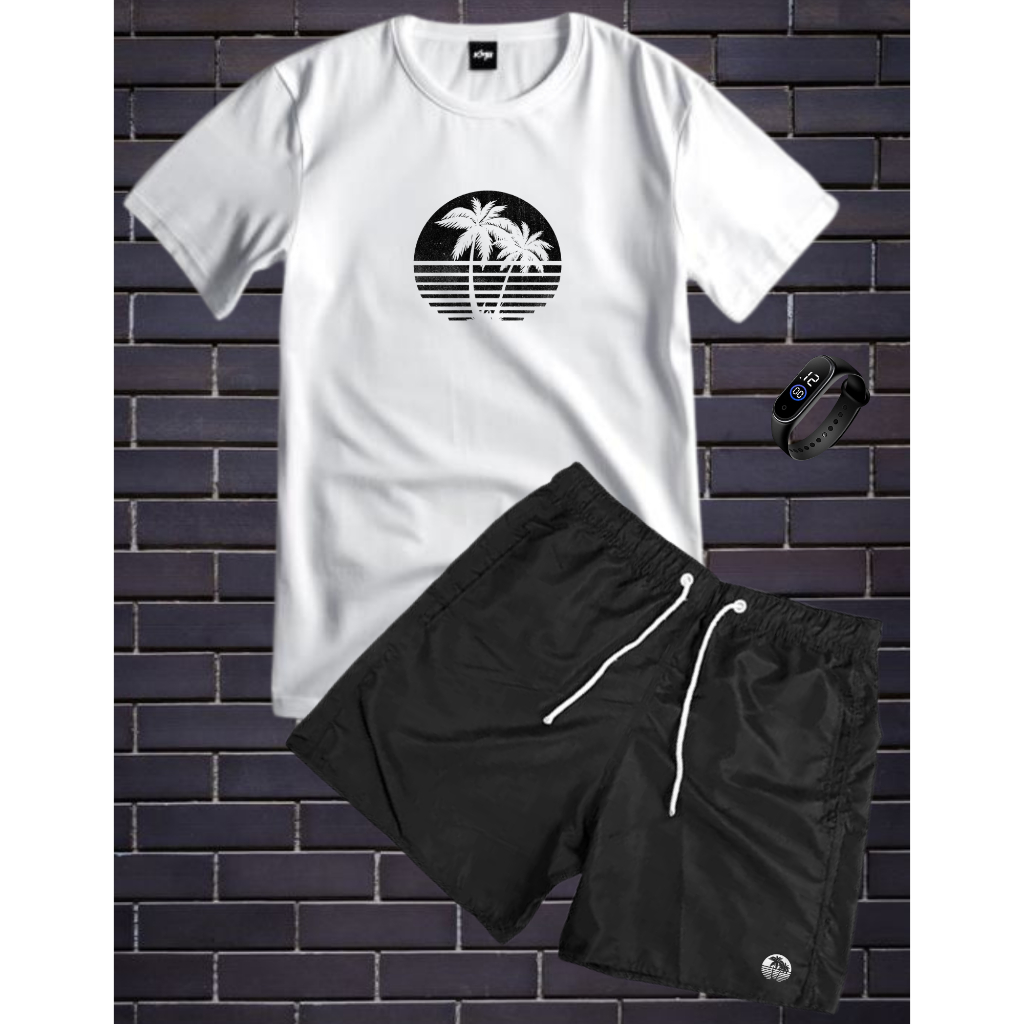 Conjunto kit masculino coqueiro camisa 100% algodão e bermuda tactel estampada + relogio a prova d'agua top