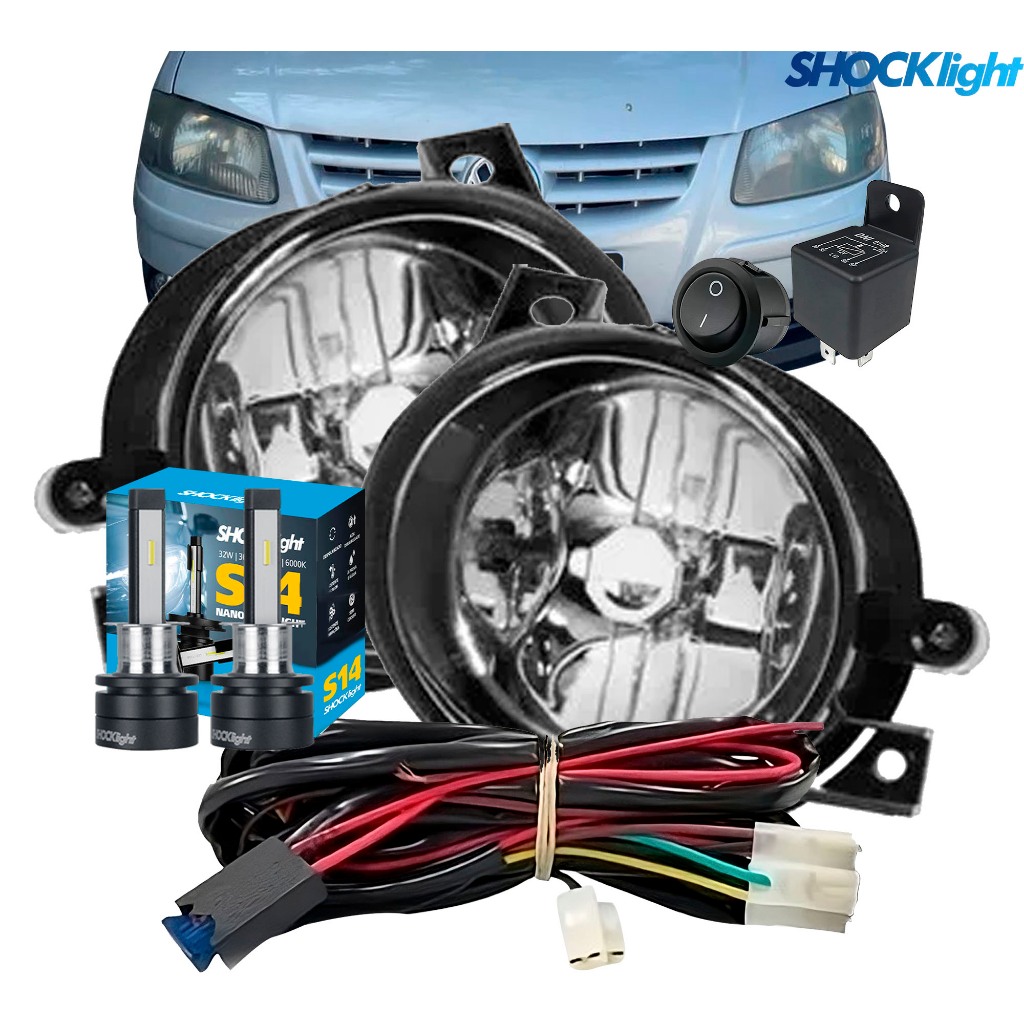 Farol de Milha Gol G4 2006 2007 2008 Lente de Vidro com Chicote Botão Relé e Lâmpadas Super LED S14