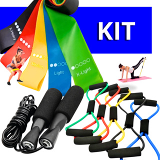 Kit Treine Em Casa Completo Elástico Extensor Cross Tube + Corda de Pular + Kit com 5 Faixa Mini Band em Oferta na Shopee