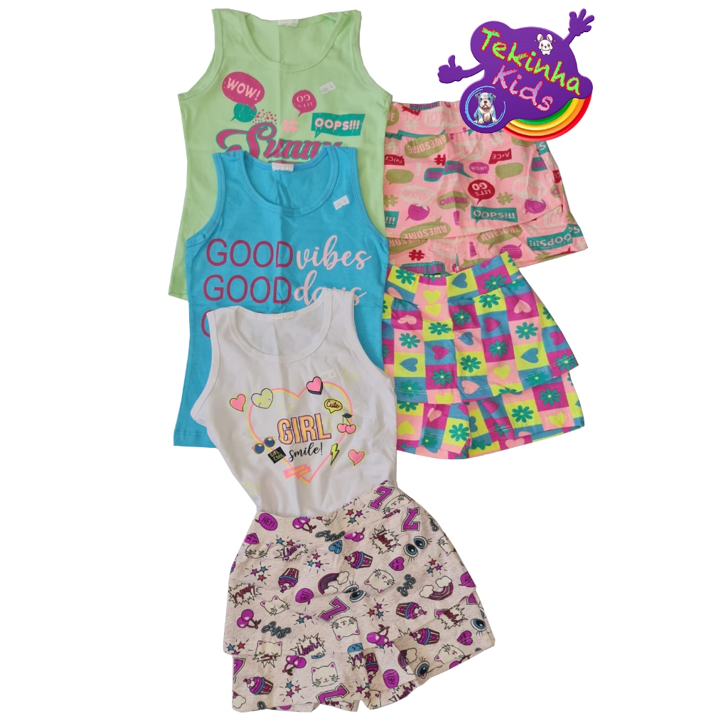 Kit 08 Peças Infantil Feminino 4 Saia Shorts 4 Blusinha Regata Algodão 4-8 Primavera Verão