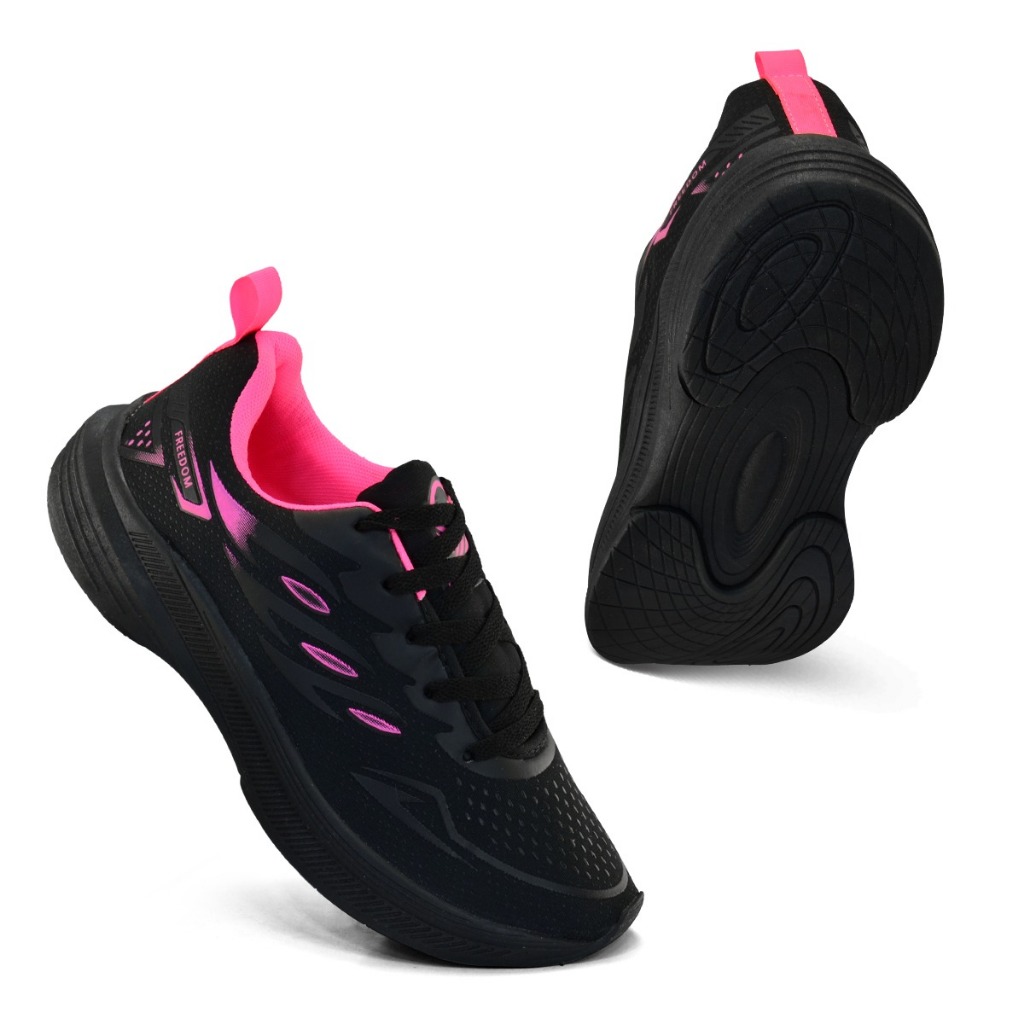 Tenis Feminino Escolar Academia Original FREEDOM Corrida Caminhada Lançamento BLACK PRETO PINK