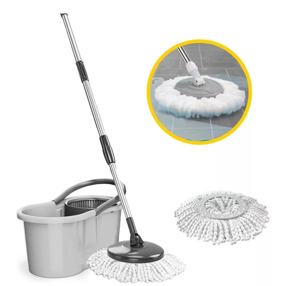 Balde Spin 8 Litros Mop Giratório Cesto Removivel Esfregão 360 Refil Extra Cabo 140cm Centrifuga