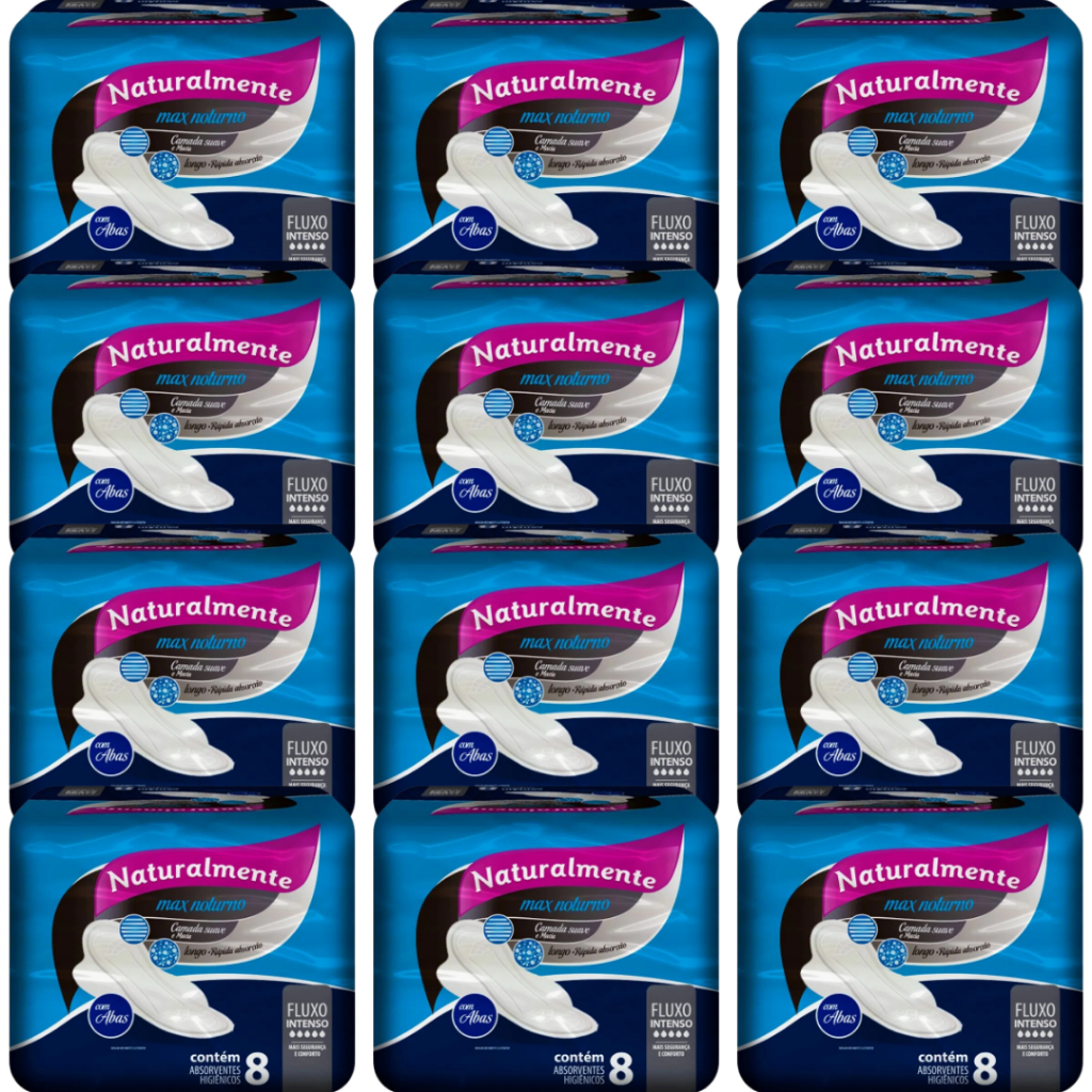 Absorvente Noturno Naturalmente Kit 12 Pacotes Max com Abas 96 Unidades para Fluxo Intenso