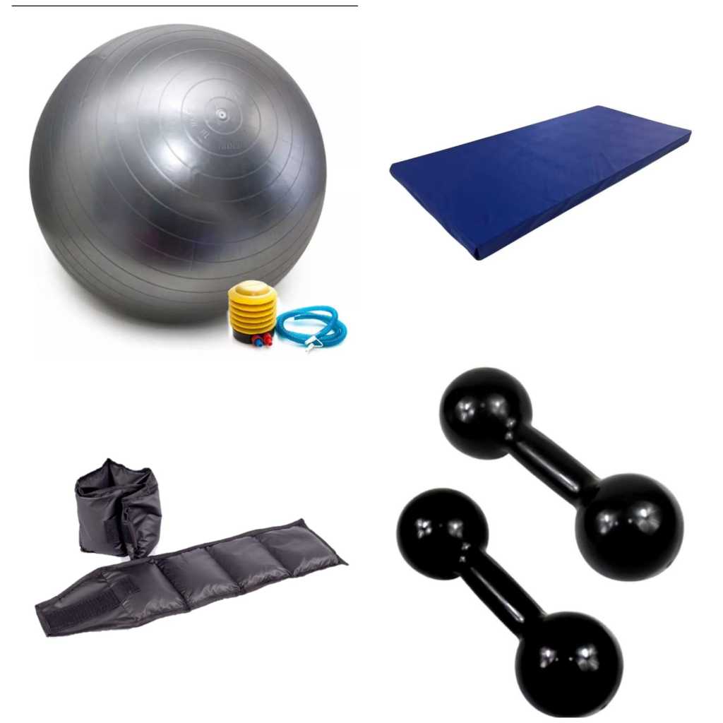 Imagem Kit Completo Halter Emborrachado 1kg + Colchonete + Bola de Pilates  + Caneleira 1kg