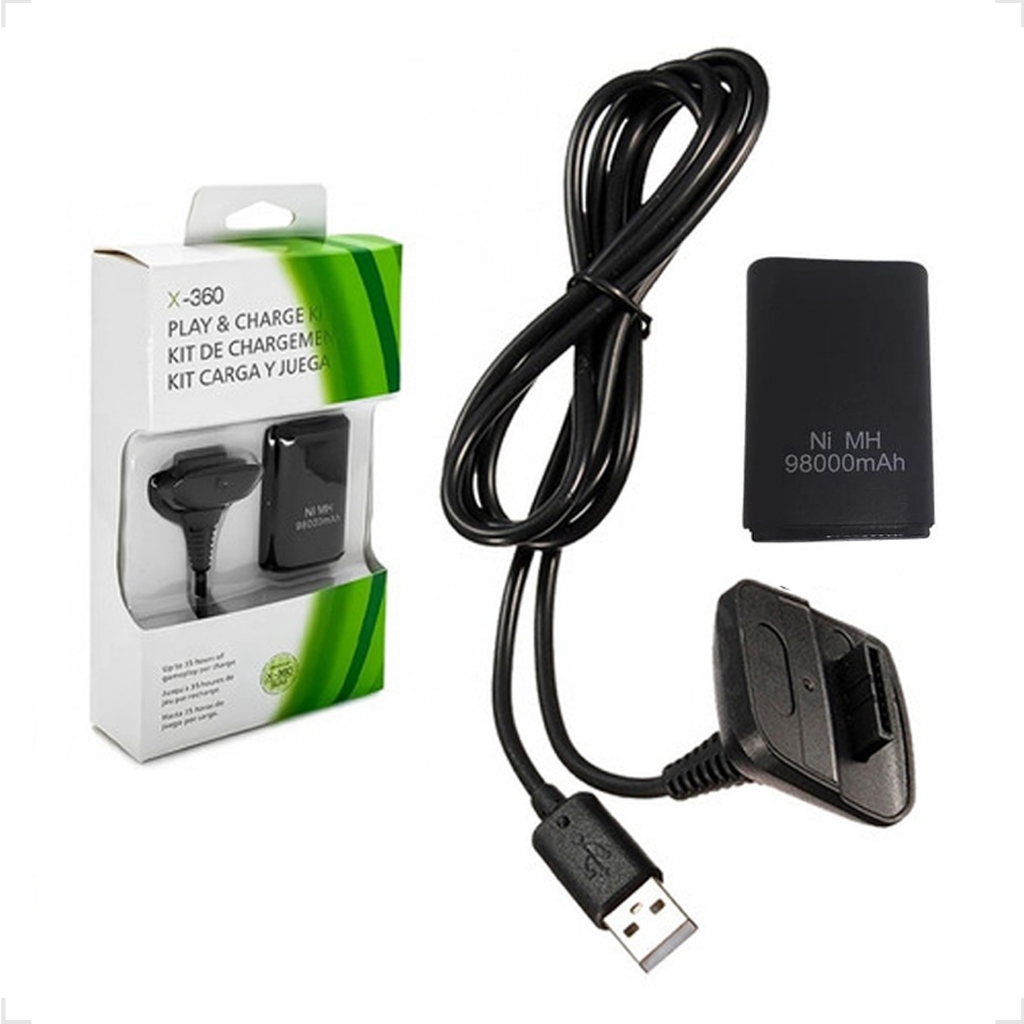 Bateria Recarregável E Cabo Carregador Kit Play Charge Compatível Para Controle De Xbox 360 98000mah